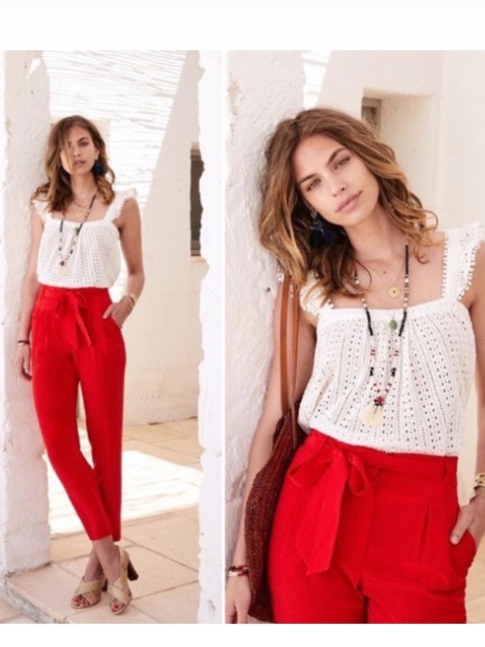 Sezane Theodore Silk Pleated Tie Waist Trouser Pants Bright Red FR 36/US 4